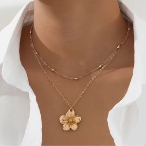 Anthropologie Gold Layered Necklace with Floral Charm